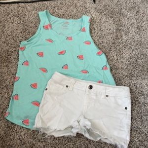 Teal watermelon shirt w/ white cut off shorts